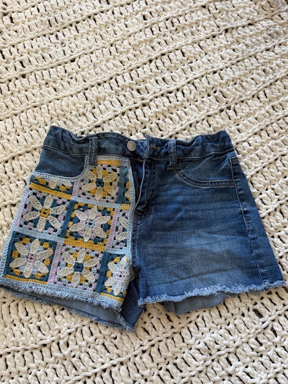 Girls' Blue Denim Shorts with Crochet Patch Detail
